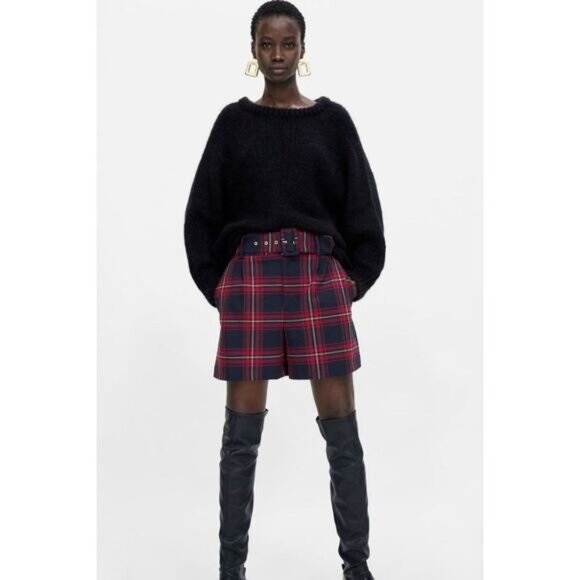 NWT ZARA Plaid Belted Shorts Size XS Red Blue - Picture 4 of 9
